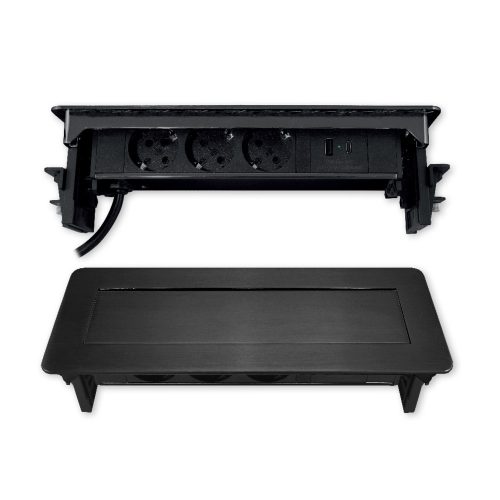 Commel bútorba süllyeszthető, rejtett elosztó 3 db aljzat, USB A+C fekete, 16A 3680W