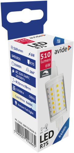 Avide LED 6W R7S 23x78mm CW 6400K Fényerőszabályzós
