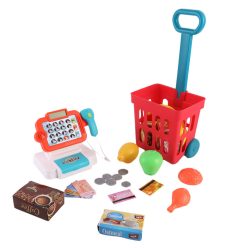   Játék bolti pénztárgép tele bevásárlókocsival, 32 db-os